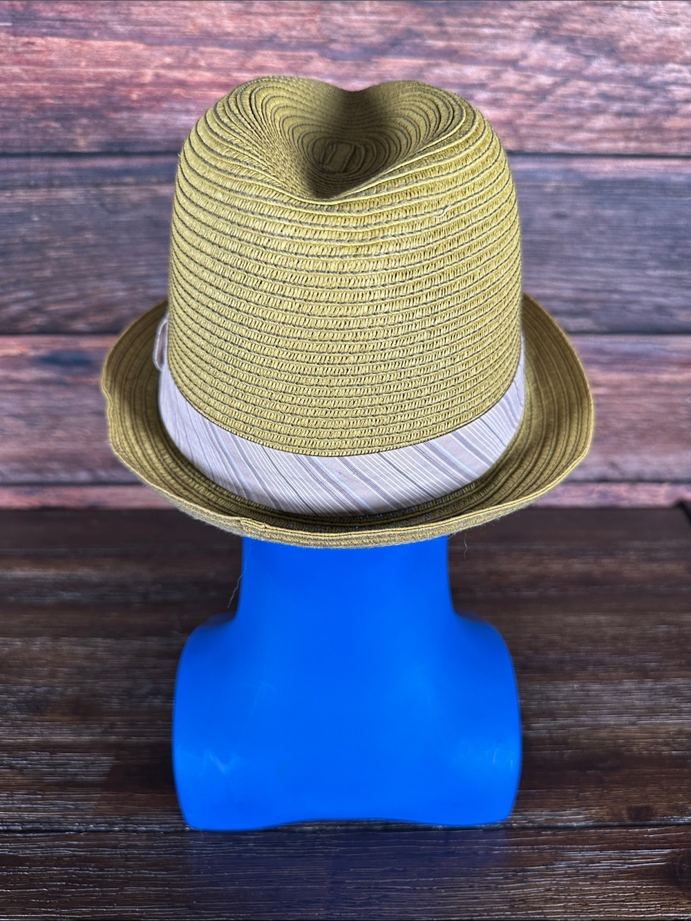 Broner Green Straw Fedora Hat with Beige Stripped Ribbon! - Picture 3 of 7